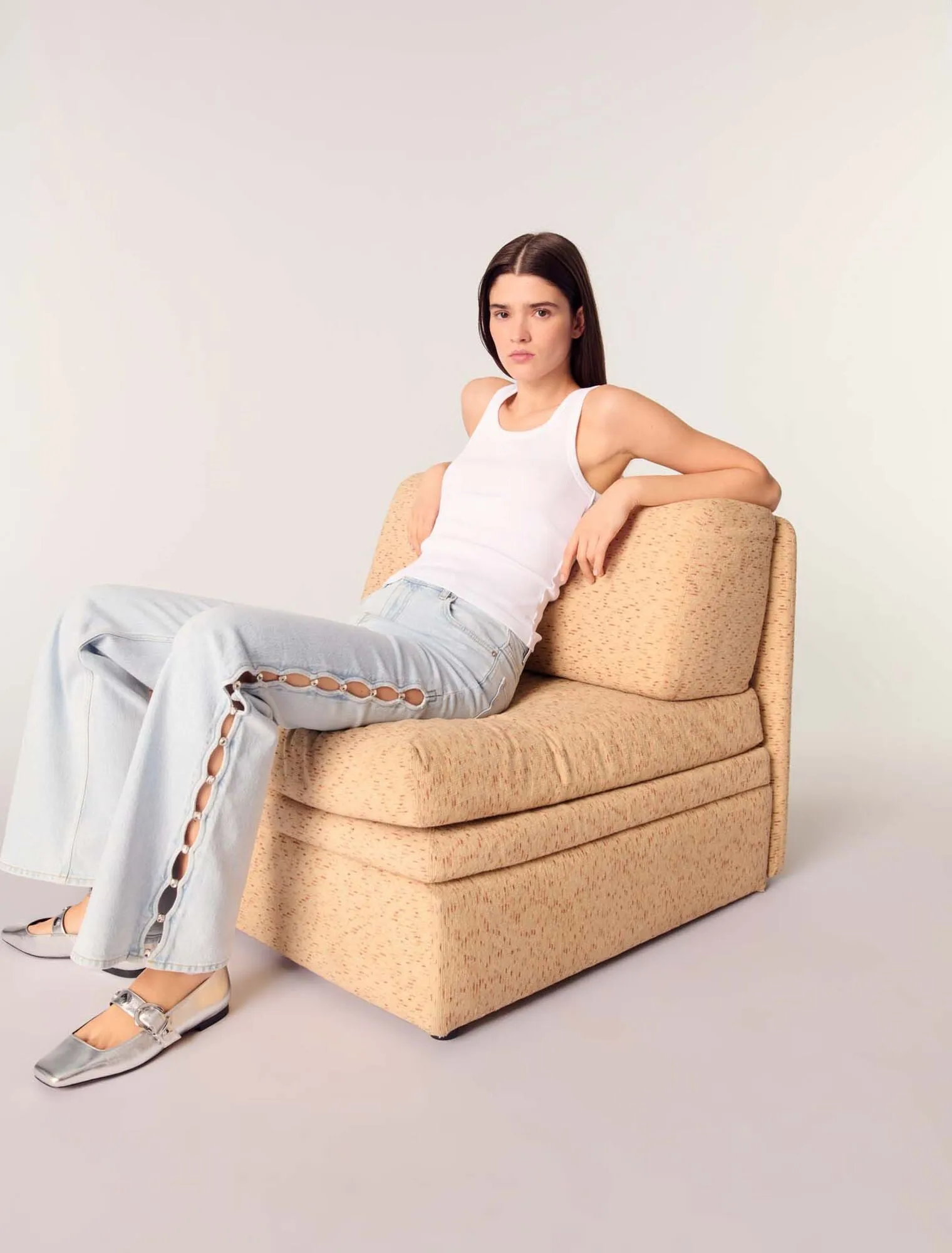 Wide-leg rhinestone cutaway jeans