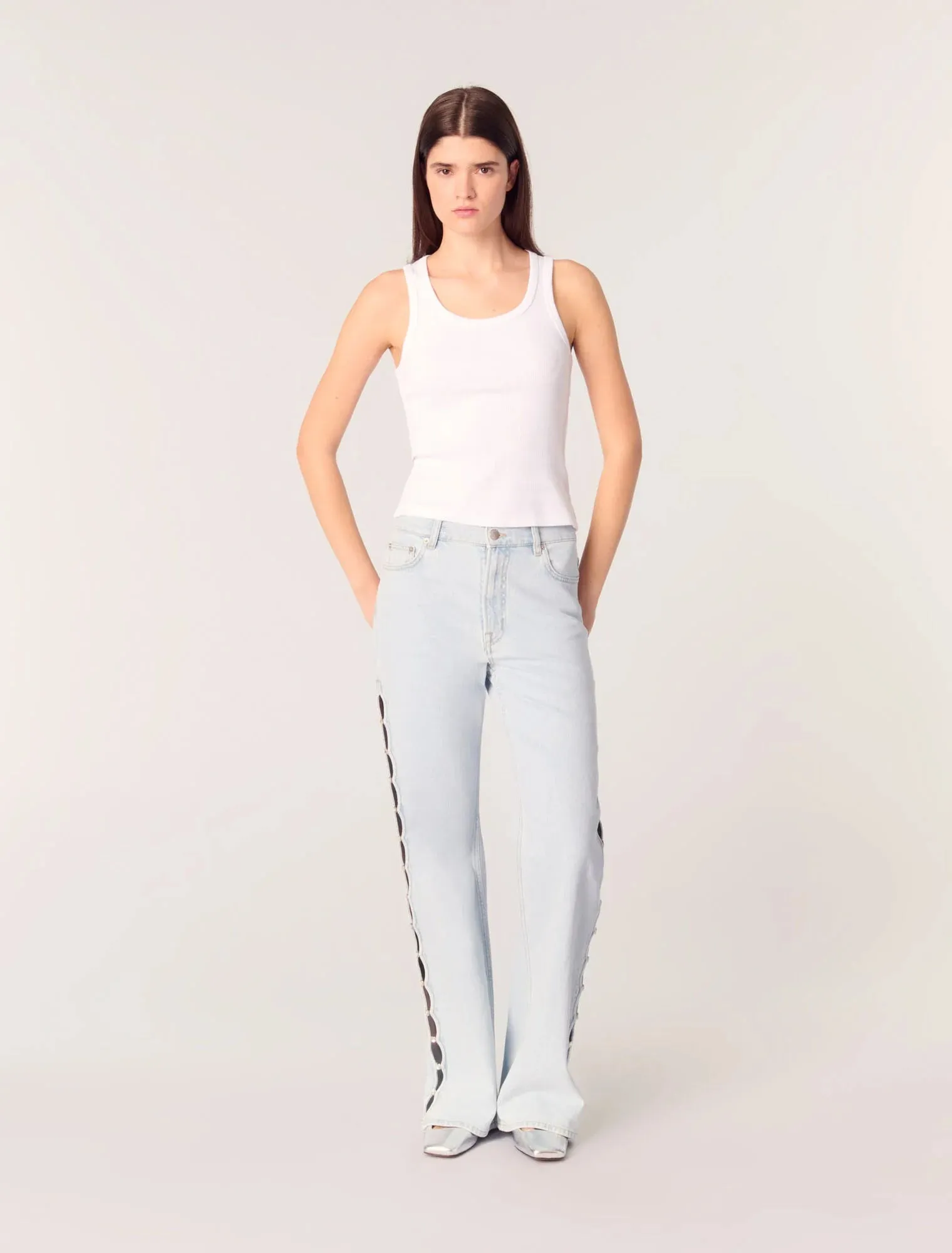 Wide-leg rhinestone cutaway jeans