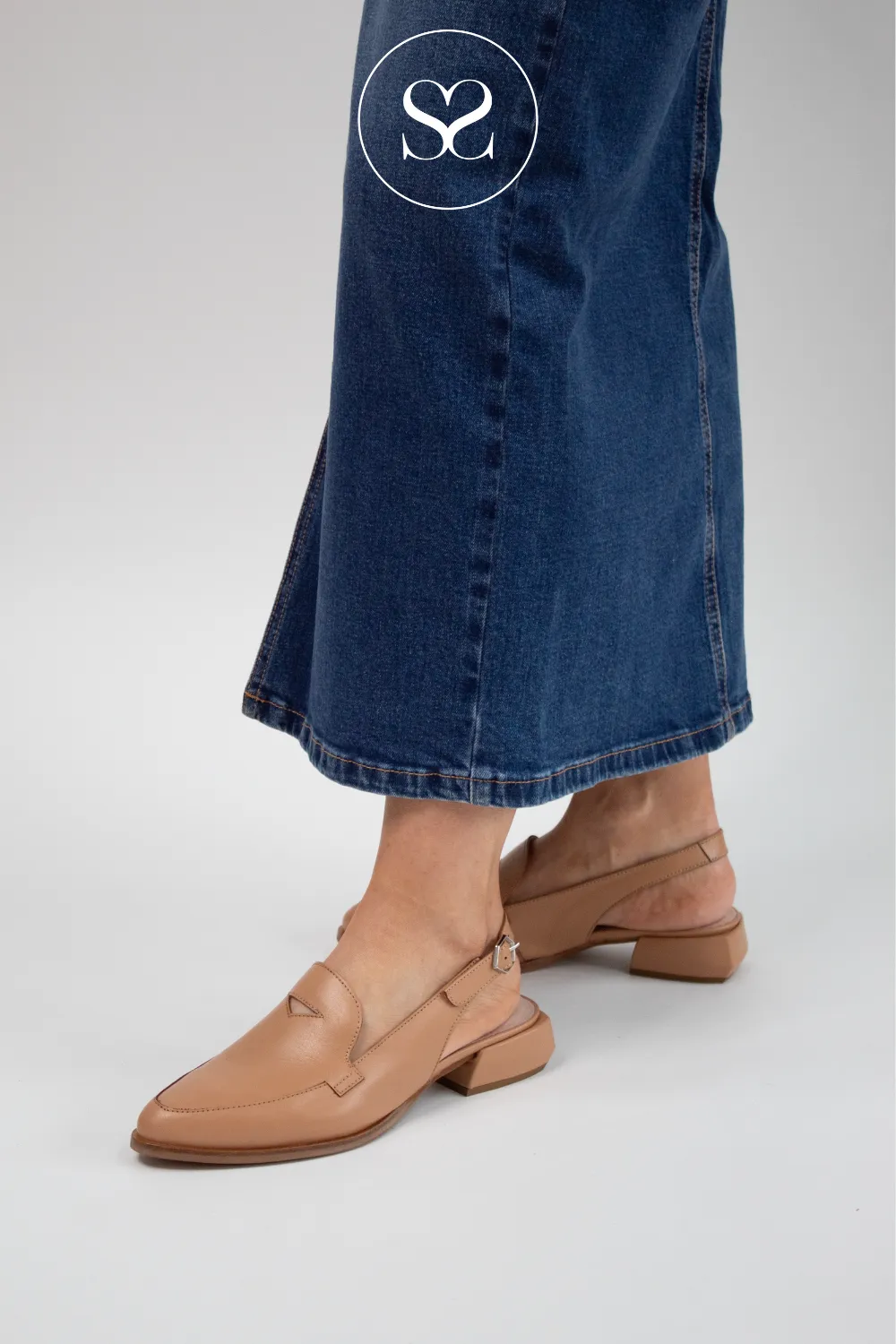 WONDERS C-6021 CAMEL LEATHER SLINGBACK BLOCK HEEL LOAFERS