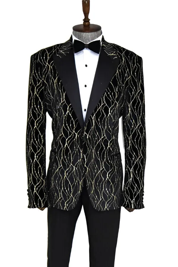 WSS Gold Patterned Black Men Prom Blazer  - Singen