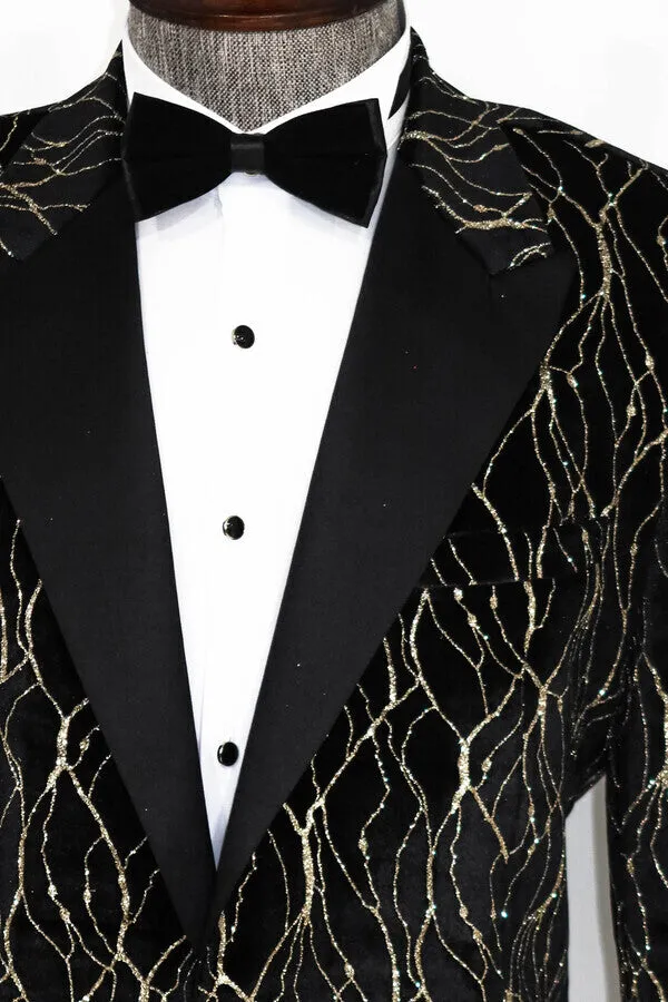 WSS Gold Patterned Black Men Prom Blazer  - Singen