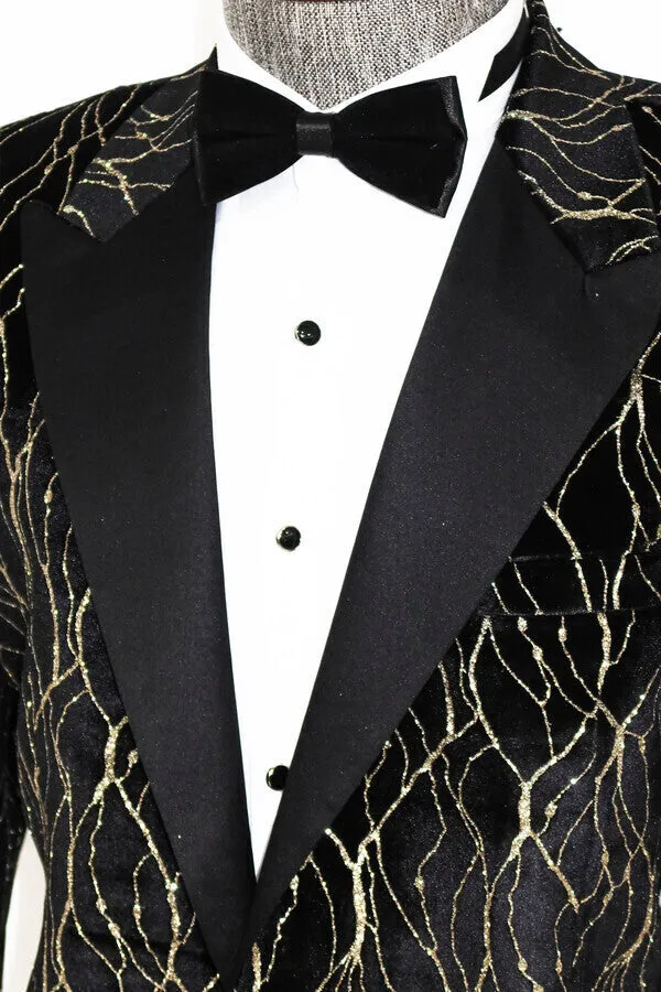 WSS Gold Patterned Black Men Prom Blazer  - Singen
